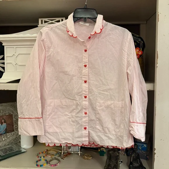 LAKE pajamas Medium M pink striped pj top red piping heart buttons - Picture 3 of 5
